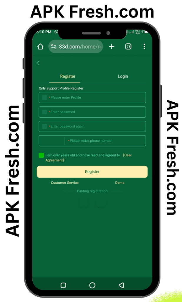 33D Game APK Login & Register page