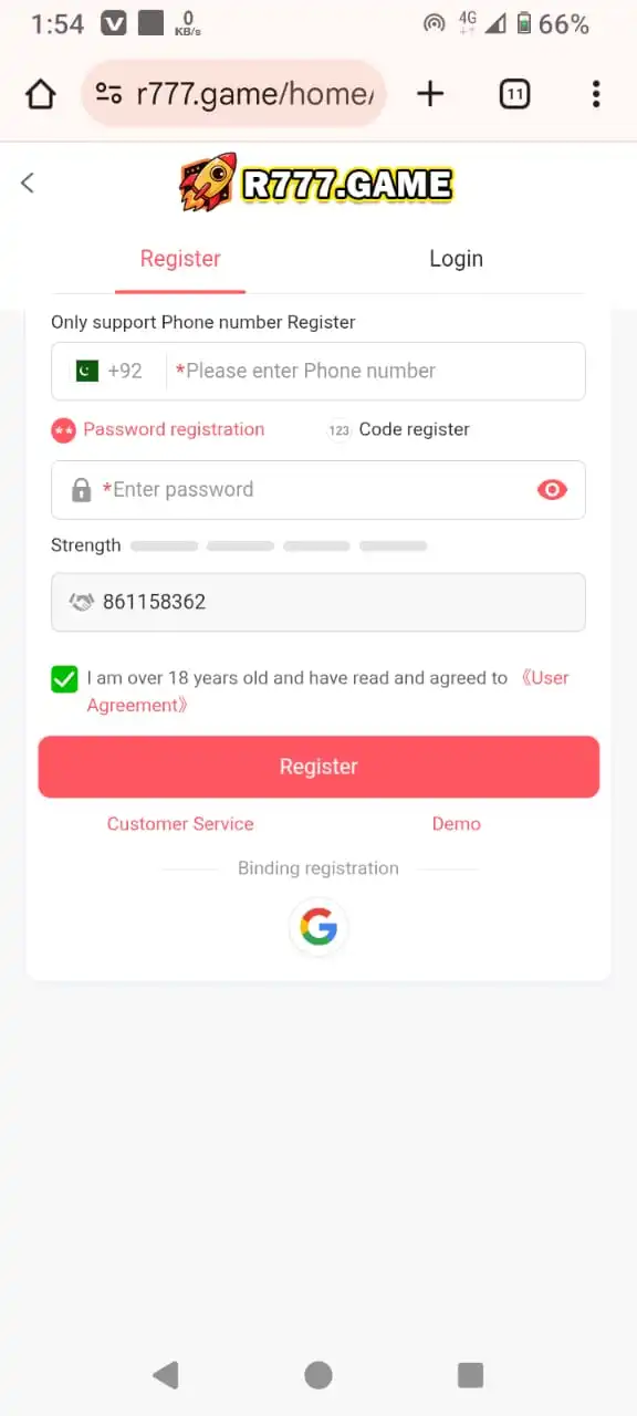 R777 Game Register Page